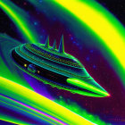 Futuristic spaceship in colorful neon space