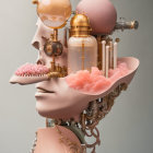 Surreal 3D artwork: Pink structures with golden accents intertwined with trees