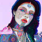 Colorful punk portrait with tattoos, bright makeup, and stylish jacket