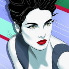 Woman with Green Eyes, Red Lips, Dark Hair on Colorful Background