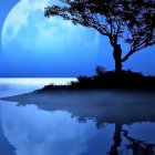 Serene moonlit landscape with river, tree, and mountains