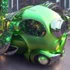 Shiny Green Futuristic Vehicle Reflecting Plaza with Trees