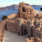 Coastal castle town with terracotta rooftops and sea view