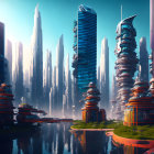 Futuristic cityscape with towering skyscrapers and greenery reflected in waterways