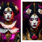 Traditional Asian makeup and headpieces on woman in luxurious setting