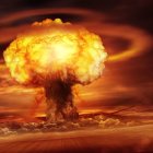 Illustration: Mushroom cloud over stylized mountains in nuclear explosion.