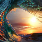 Surreal horse head merges with vibrant wave crest at sunrise