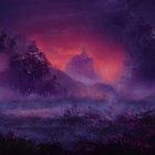 Enchanting dusk scene: mystical forest, vibrant purple tones, glowing flora.