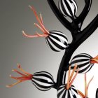 Abstract surreal art: black and white spherical insects with thin wings and orange antennae around a dark branching