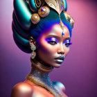 Vibrant 3D illustration: Woman with blue skin, gold jewelry, regal headdress