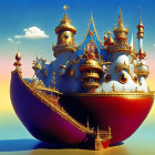 Animated vessel with golden domes and ornate architecture in sunset sky