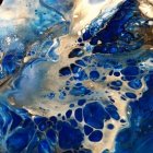 Abstract Painting: Blue, White, and Gold Swirling Wave Patterns