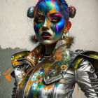 Colorful Makeup and Paint Splashes on Woman's Face and Jacket