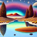 Colorful surreal landscape with patterned hills, reflective water, orbs, celestial sky