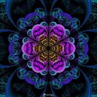 Colorful fractal art of blooming flower with intricate patterns in blue, purple, and orange tones