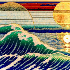 Colorful artwork inspired by the Great Wave with golden accents and Mount Fuji contrast.