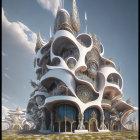 Futuristic building with organic pod-like structures and antennas in a green landscape