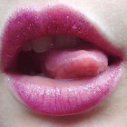 Detailed Close-Up of Pink Lips with Glitter and Bubbles on Soft Background