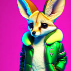 Anthropomorphic fennec fox in green jacket on vibrant background