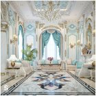 Opalescent hues and golden orbs in futuristic baroque-modern interior