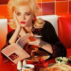 Blonde person with bold makeup at table with chocolates and beauty products