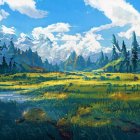 Tranquil river in lush meadow with forests and mountains