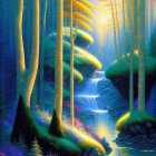 Enchanted forest scene with towering trees, glowing sunset, waterfalls, serene river, vibrant flowers