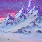 Geometric mountain painting in blue and purple with floral patterns on pink sky