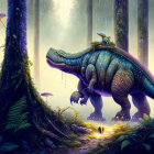 Large green dinosaur with moss, misty forest, small creatures, and umbrella-like mushrooms