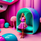 Stylish woman in vibrant pink and blue surreal room