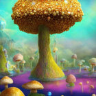 Enchanted forest with giant mushroom trees and waterfalls