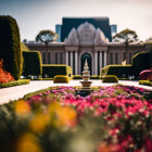 Lush Garden Scene with Topiaries, Flowers, and Archway