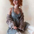 Detailed Woman Figurine: Auburn Hair, Silver & Blue Celestial Gown