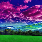Colorful Watercolor Landscape: Purple, Pink, Blue Sky, Sailboat, Green Shores