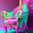 Gold Frame Ornate Chair with Pink and Mint Green Marbled Upholstery