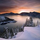 Snowy Hills, Lake, Trees, Northern Lights in Winter Night Scene