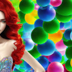 Vibrant red-haired woman in colorful dress behind multicolored balloons