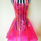 Pink and Black Striped Corset with Golden Embellishments and Feathered Shoulders