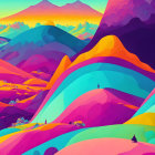 Colorful Landscape with Layered Hills and Small Houses Under a Vibrant Sky