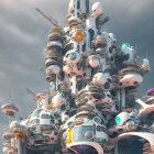 Futuristic cityscape with bubble-like structures under partly cloudy sky