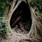 Lush mystical forest with intertwined trees over serene river