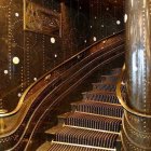 Luxurious interior staircase with intricate metalwork and illuminated golden steps