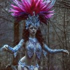Colorful figure in pink headdress and blue attire in mystical forest