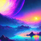 Surreal landscape with layered mountains, luminous river, radiant skies, and setting sun