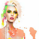 Colorful Spiky Hair and Vibrant Makeup on Woman in Neon Paint Setting