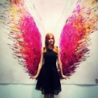 Person holding camera with head exploding into vibrant flower butterfly wings on beige backdrop