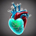 Detailed 3D human heart anatomy with arteries and veins on grey background