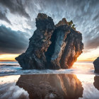 Scenic seaside sunset with rugged rock formation and dramatic sky.