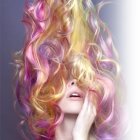 Vibrant woman with colorful flowing hair in pink, orange, and blue