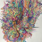Colorful abstract painting with swirling paint and scattered beads on white surface